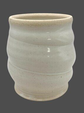 Signed Studio Pottery Utensil Crock Vase Cream Speckled Ribbed Stoneware 5.75"